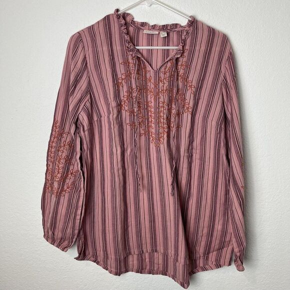 Logo Lori Goldstein Tops - LOGO Lori Goldstein Shirt Womens Small Pink Striped Embroidered Boho Tunic Top